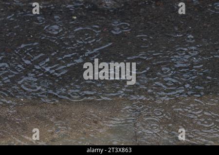The rain forms circles as it falls on the water accumulated on the asphalt of a street in the city. Abstract image Stock Photo