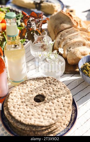 High angle view of fresh crispbread on dining table Stock Photo