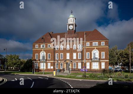 Letchworth Garden City Town Hall The Letchworth Town Hall opened 1935 & designed by Bennett & Bidwell, Georgian style, Grade II Listed. Stock Photo