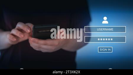 Woman using smartphone with VR interface of secure access to user's personal information. Sign in or register with username and password. Stock Photo
