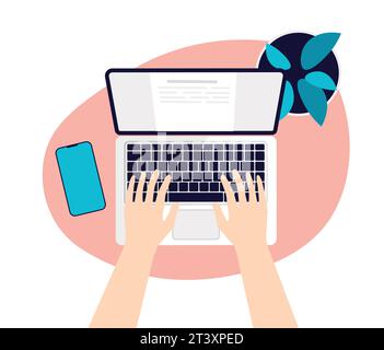Desktop top view with human hands typing on keyboard. Workplace with laptop, phone, plant on a table. Flat vector illustration in a trendy style Stock Vector