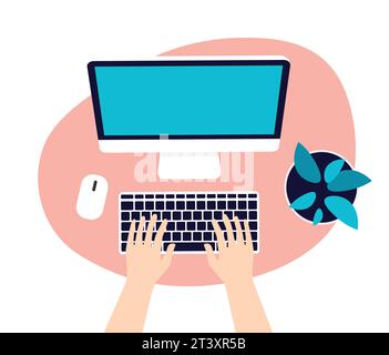 Desktop top view with human hands typing on keyboard. Workplace with computer monitor, phone, plant on a table. Flat vector illustration in flat style Stock Vector