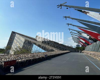 Exterior of the Lanyang Museum in Yilan, Taiwan. The museum has a cuesta shaped edifice and faces towards the Guishan Island. Stock Photo