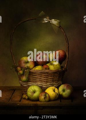 Dark still life image of windfall apples from local orchard in a basket. Assorted varieties, imperfect specimens. Stock Photo
