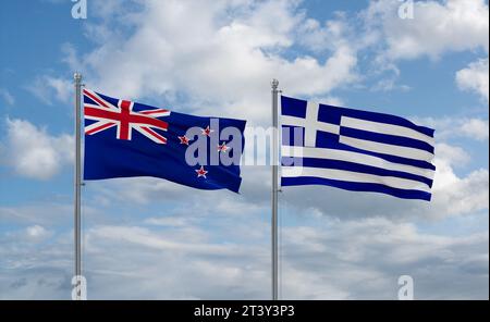 Greece and New Zealand flags waving together on blue cloudy sky, two country relationship concept Stock Photo