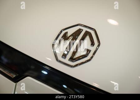 MG electric car logo emblem close up Stock Photo