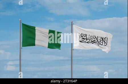 Nigeria and Afghanistan flags waving together in the wind on blue cloudy sky Stock Photo