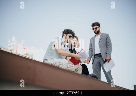 Successful Young Adults Discussing Business Strategies in Urban City Area Stock Photo