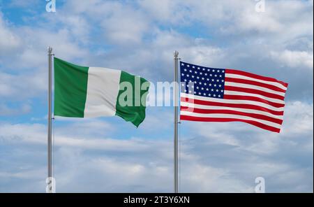 Nigeria and USA flags waving together on blue cloudy sky, two country ...
