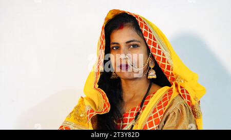 Portrait of a beautiful young Indian woman in traditional clothing and Indian accessories Stock Photo