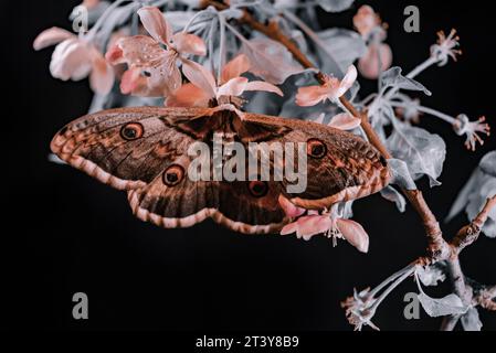 European night butterfly Saturnia pyri, giant peacock moth sits on apple branch Stock Photo