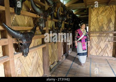 Woman from Adi tribe in traditional clothes standing by wall decorated with bull skulls in traditional wooden house, Assam, Northeast India Stock Photo