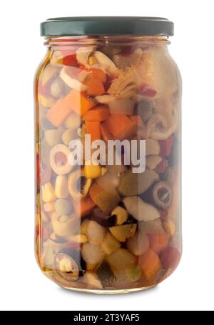 Mix of vegetables and olives cut to season rice salad in glass jar isolated on white with clipping path includedbarattolo Stock Photo