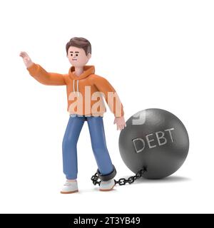 3D illustration of male guy Qadir dragging his debts. 3D rendering on white background. Stock Photo