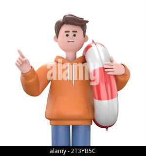 3D illustration of male guy Qadir   hold inflatable ring point index finger aside. Summer vacation sea rest sun tan concept.3D rendering on white back Stock Photo