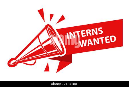 Interns wanted sign, banner with old tin megaphone or loudspeaker, vacancy announcement icon, vector Stock Vector