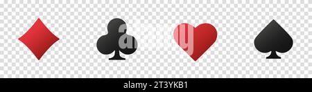 Hearts, clubs, diamonds and spades on an isolated transparent background. Set collection gambling sign symbol of playing card suits and chips for poke Stock Vector