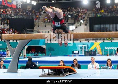 October 23, 2023: Ava Stewart of Canada (14) competes on beam during the Womenâ€™s Artistic Gymnastics All-Around Final at the Santiago 2023 Pan American Games, held at Centro de Deportes Colectivos in Santiago, Chile.  Daniel Lea/CSM (Credit Image: © Daniel Lea/Cal Sport Media) Stock Photo