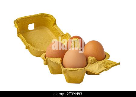paper box with eggs on white background close up Stock Photo