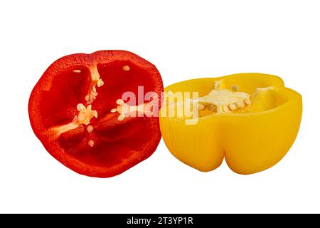 two halves of yellow and red pepper on white background Stock Photo - Alamy