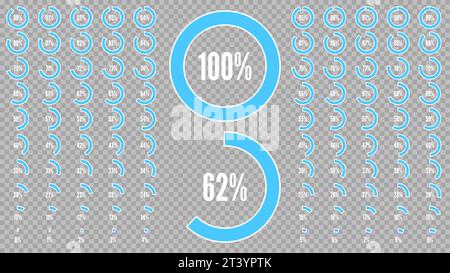 Percentage circle diagrams from 0 to 100. Set of icon for infographic. Big percent collection for user interface UI or business infographic. Blue and Stock Vector