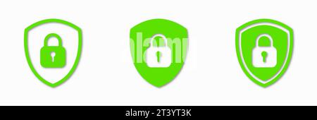 Shield green padlock lock icon set. Vector clipart illustration on white background. For web site or mobile app Stock Vector