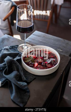 Tuna ceviche in mulled wine jelly with grapefruit Stock Photo