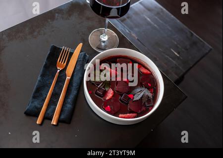 Tuna ceviche in mulled wine jelly with grapefruit Stock Photo