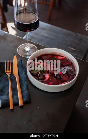 Tuna ceviche in mulled wine jelly with grapefruit Stock Photo