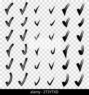 Brush hand drawn painted checkmarks set collection. Pencil black scribble sketches isolated on transparent background. Vector illustration. Collection Stock Vector