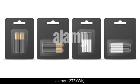 Vector 3d Realistic Two Alkaline Battery in the Black Paper Blister Icon Set Closeup Isolated. AA Size, Horizontal and Vertical Position. Design Stock Vector