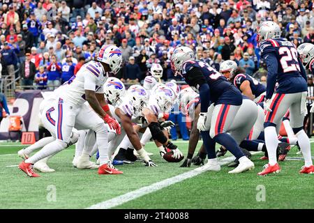 Foxborough, Massachusetts, USA. 22nd Oct, 2023. ; The Buffalo Bills and New England Patriots line up on the 1 yard line during the second half in Foxborough, Massachusetts. Eric Canha/Cal Sport Media/Alamy Live News Stock Photo