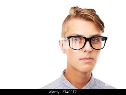 Glasses, optometry and portrait of man in a studio with confused, doubt or squinting facial expression. Vision, health and young male person with Stock Photo