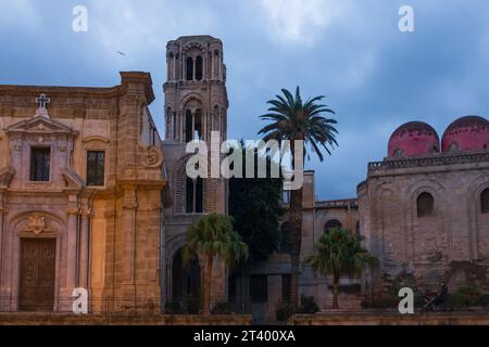 Palermo, Sicily, 2016. The domes of the Church of San Cataldo and the Church and Romanesque tower of Santa Maria dell'Ammiraglio (aka Martorana) Stock Photo