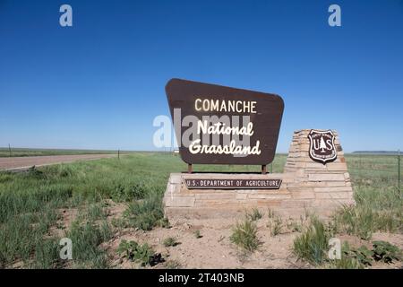 Comanche National Grassland US Department of Agricultural sign in Comanche Native American Reservation Area in Colorado at entering the grassland Stock Photo