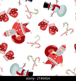 Seamless pattern with Santa Claus, snowman, mittens and candy canes. Vector illustration. Stock Vector