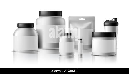 Sport food containers. Realistic drink bottles. Vector protein powder By  Microvector