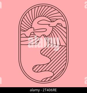 Pink Desert oasis on sunset boho logo. sand, sunset landscape aesthetic icon. Stock vector illustration isolated on white background in line style. Stock Vector