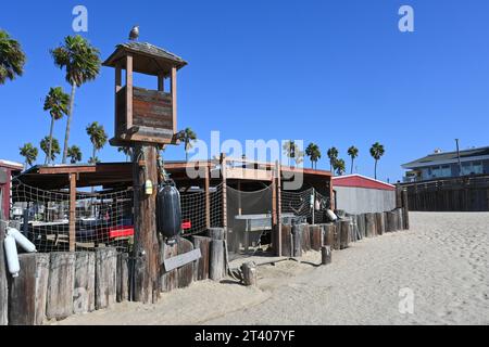 NEWPORT BEACH, CALIFORNIA - 26 OCT 2023: The Dory Fishing Fleet and Market is a beachside fishing cooperative at the pier. Stock Photo