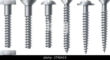 Bolt and screw. Realistic self-tapping. Metal nails with nut. Workshop assortment template. Round or hexagon fastener caps. Isolated industrial constr Stock Vector