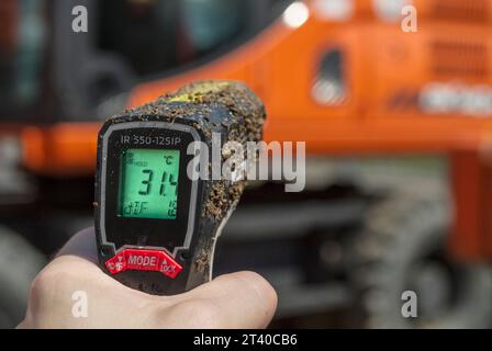 Measuring the engine temperature on a construction site vehicle with an ...