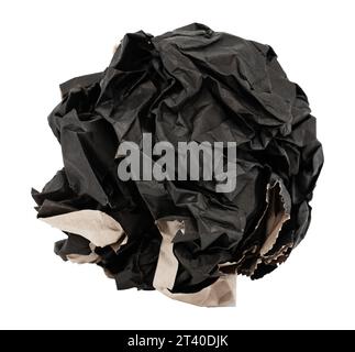 A lump or ball of crumpled black paper on a white background. Crumpled paper Stock Photo