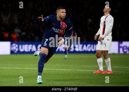 Kylian Mbappe of Paris Saint-Germain FC  celebrates after scoring a goal during the UEFA Champions League football match between Paris Saint-Germain FC and AC Milan. Stock Photo