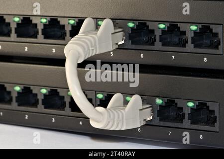 IT hub cable plug connection. Stock Photo
