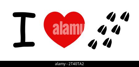 I Like Horses, Animals. Red heart shape and horse hoof foot print. Symbol of love for animal. Vector isolated. Postcard, emblem, icon, print, textile, stationery, sticker. I like deers Stock Vector