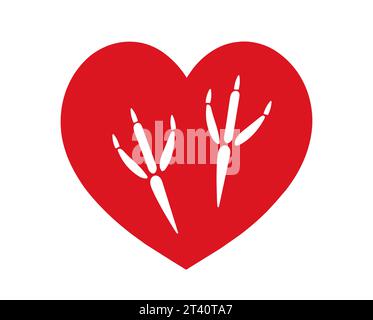 Bird paw footprint in red heart. Vector. I Like Birds. Animals, Pets, Pigeons, crows, ravens. Red heart with Bird white paw print inside. Symbol of love. Postcard, emblem, icon, print, cover sticker Stock Vector