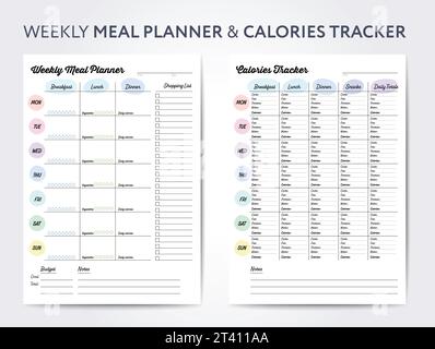 Weekly meal planner and calories tracker, digital planner with shopping list Stock Vector