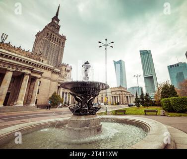 Warsaw, Poland - 01 November 2014: view from the fountain on the Palace of Culture in Warsaw, Poland Stock Photo