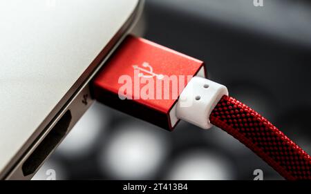 Red USB connected with laptop closeup. Plug micro cable for mobile devices in macro view Stock Photo