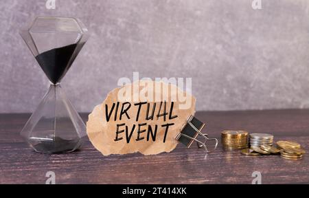 VIRTUAL EVENT. text on sticker on bright green background. near paper ...